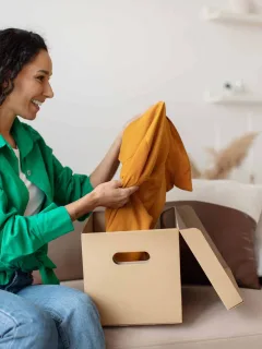 Happy woman unpacking clothes from a cardboard box at home