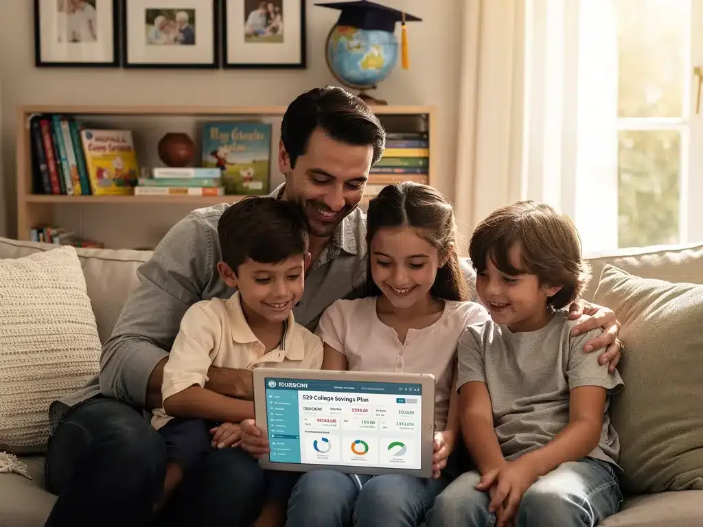 Family reviewing 529 plan statement on a tablet, symbolizing shared financial goals for education.