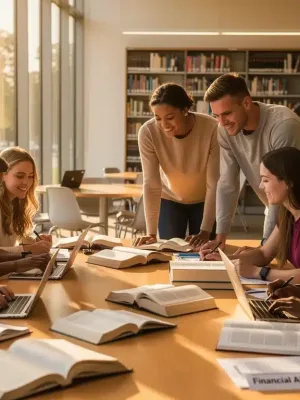 College students studying in a modern library, representing access to education.