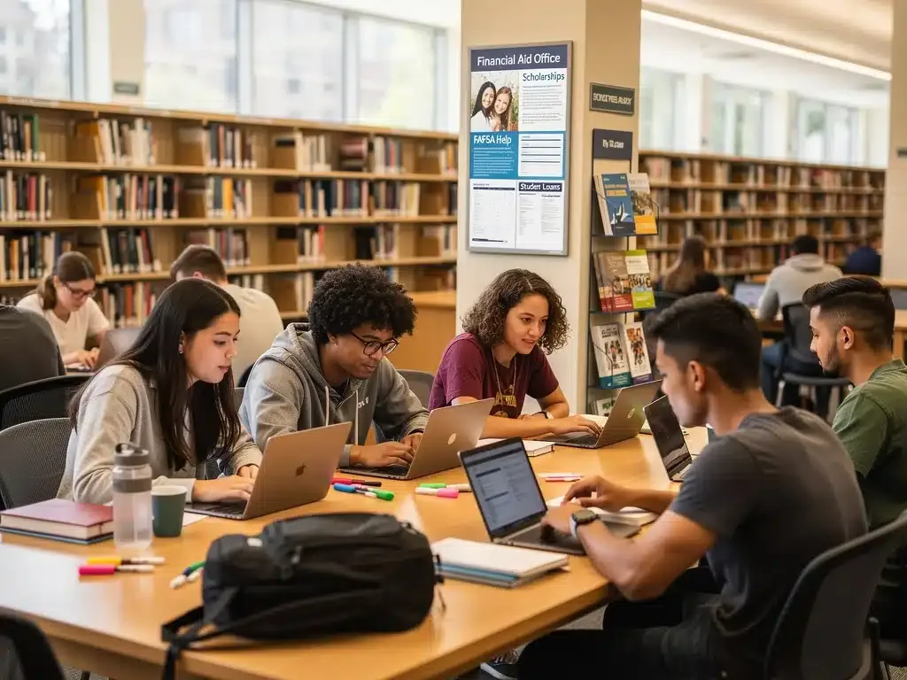 Students researching federal student aid programs for 2026 in a university library.