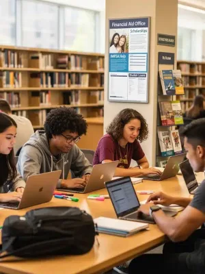 Students researching federal student aid programs for 2026 in a university library.
