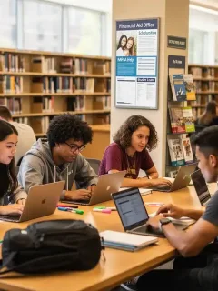 Students researching federal student aid programs for 2026 in a university library.