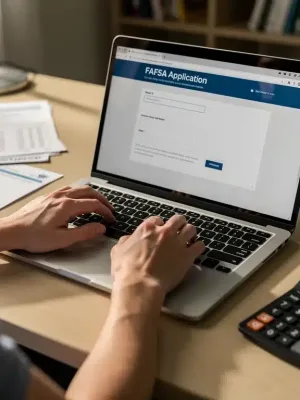 Student completing FAFSA form on laptop for financial aid.