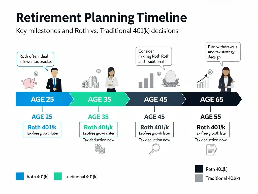 Retirement planning timeline with Roth and Traditional 401(k) tax benefits