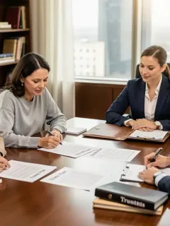 Family reviewing estate planning documents with advisor in U.S.
