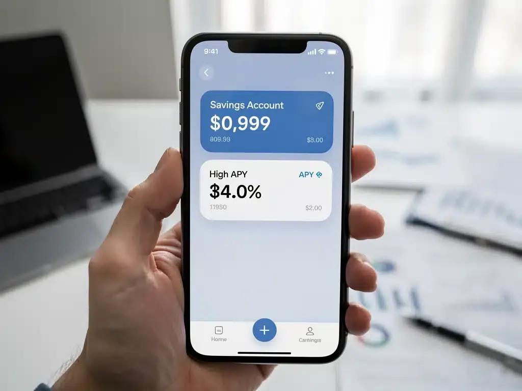 Mobile banking app showing high-yield savings account details on smartphone