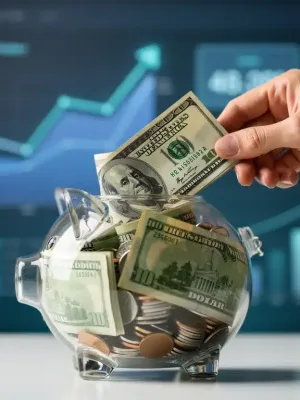Hand depositing money into piggy bank with rising interest rates background