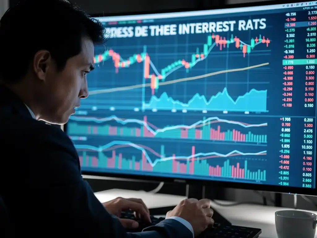 Individual monitoring stock market and news about Federal Reserve rate hike implications