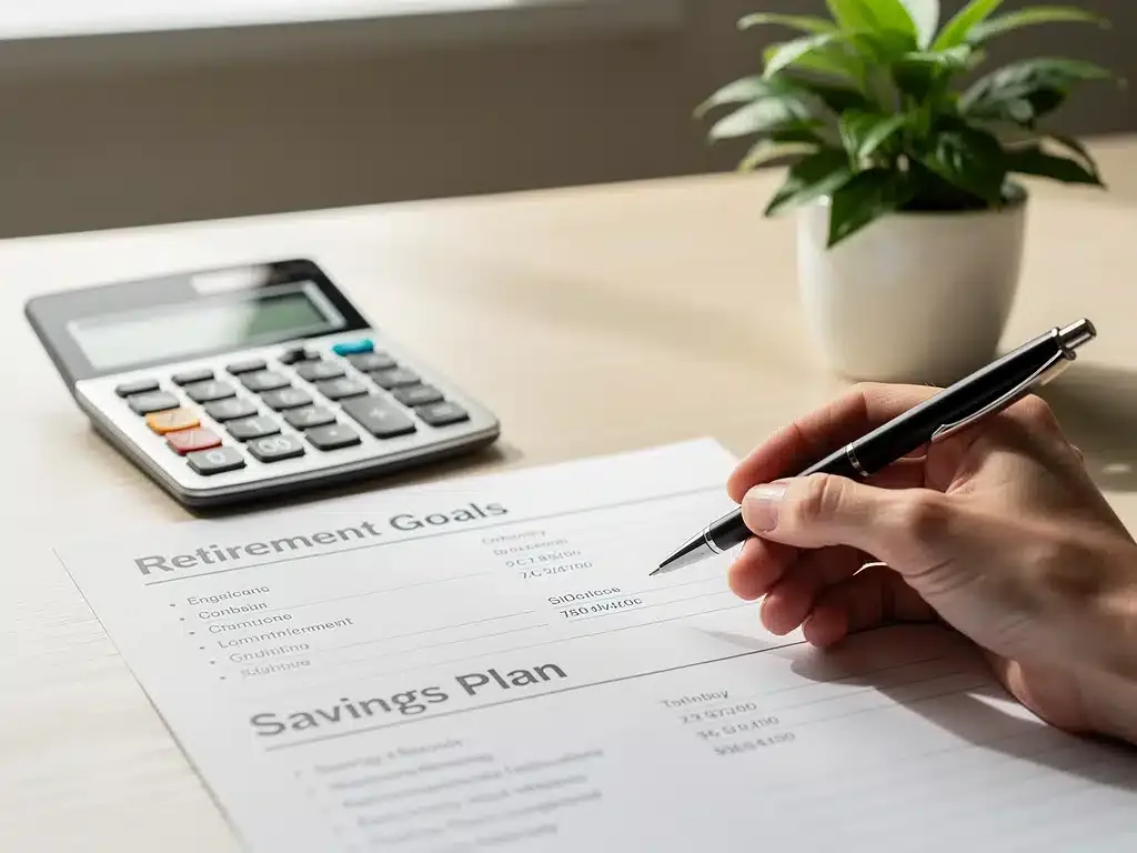 Individual planning retirement savings with financial documents and a calculator