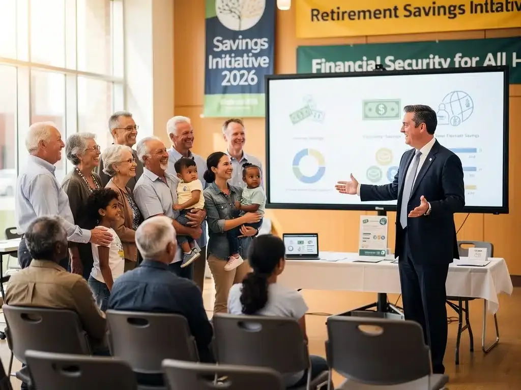 Government official announcing new retirement savings program for low-income households in 2026