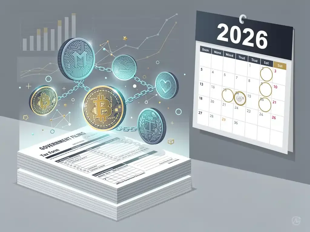 Digital assets, tax forms, and a calendar indicating 2026, representing new Treasury guidance on reporting.