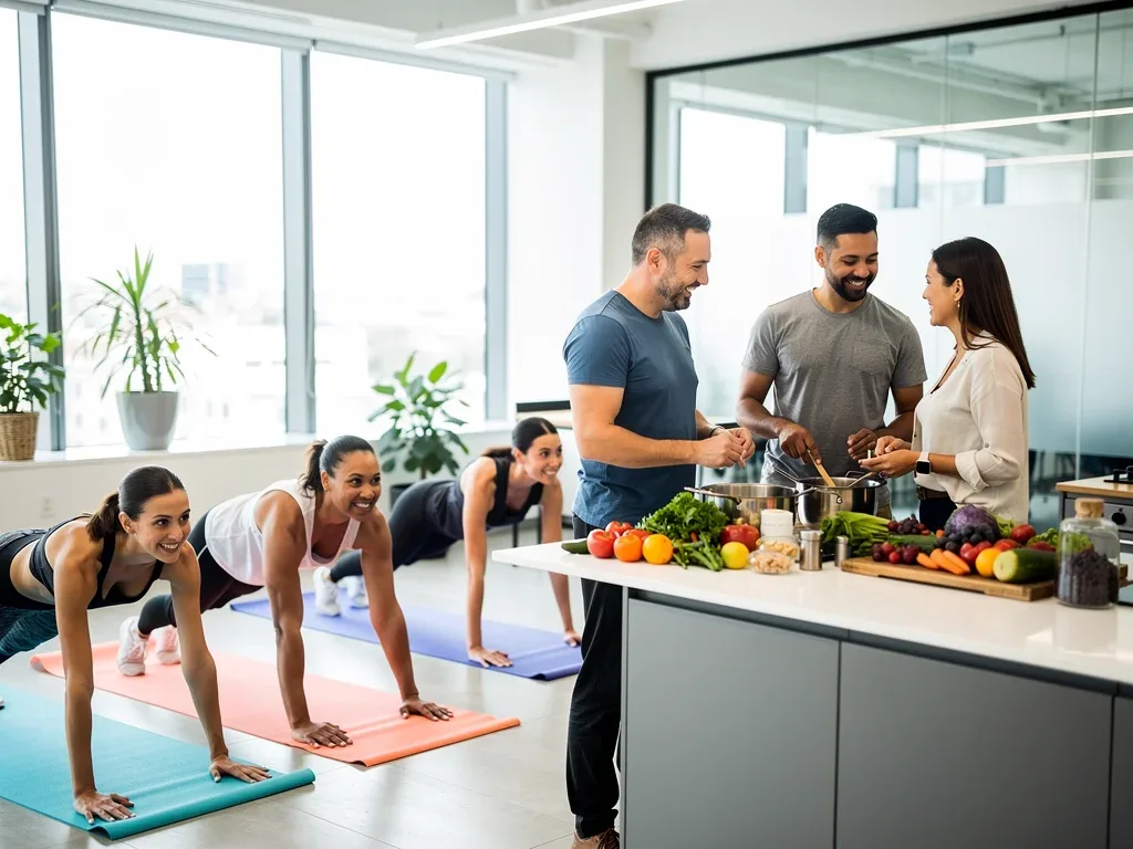 Employees engaged in a corporate wellness activity, symbolizing health benefits and premium reductions.