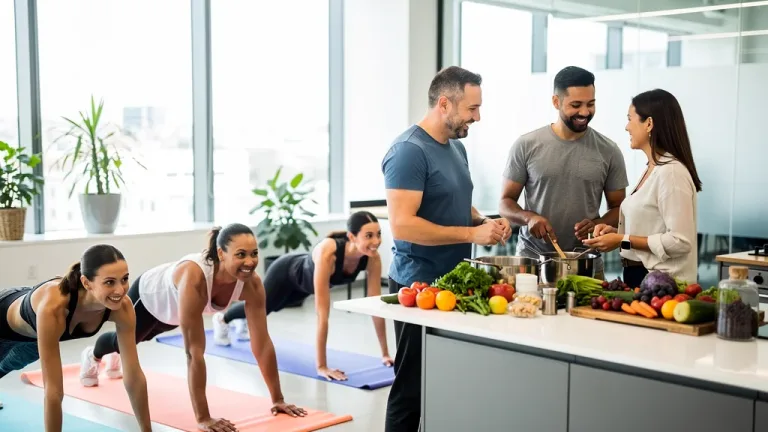 Employees engaged in a corporate wellness activity, symbolizing health benefits and premium reductions.