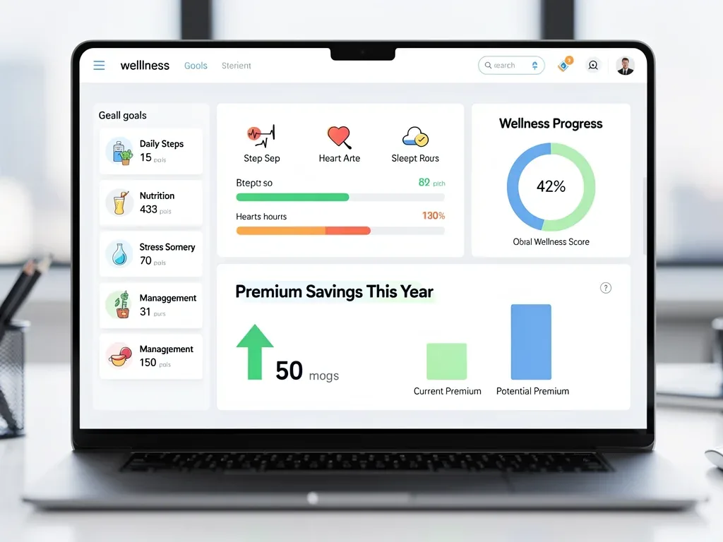 Digital dashboard showing wellness program progress and premium reduction tracking.
