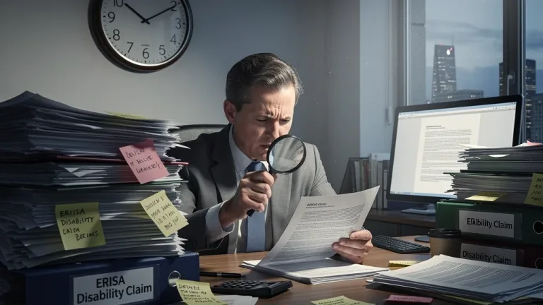Stressed person reviewing ERISA disability claim denial documents, highlighting the need for a timely appeal.