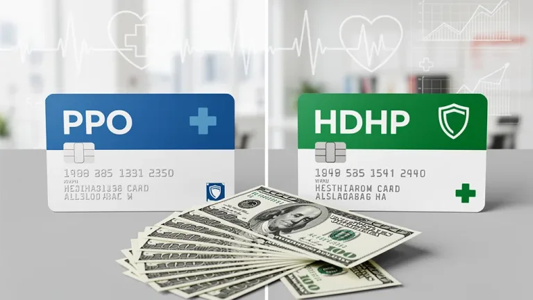 PPO versus HDHP health insurance cards with money, symbolizing savings