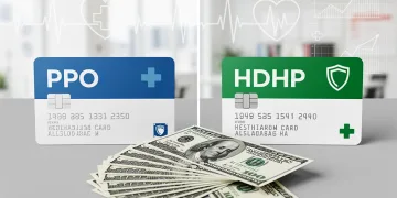PPO versus HDHP health insurance cards with money, symbolizing savings