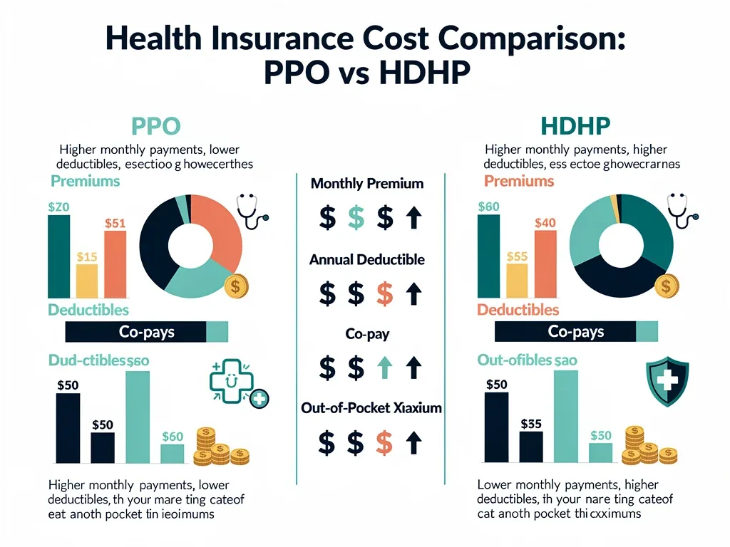 Infographic comparing financial aspects of PPO and HDHP plans
