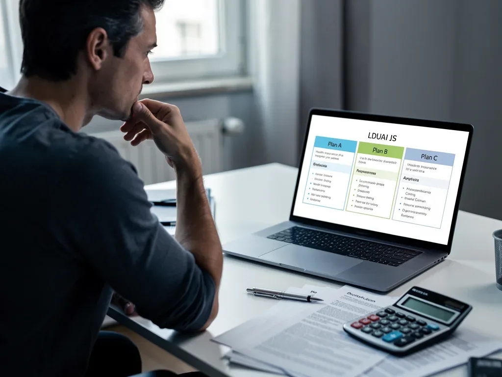 Individual comparing health insurance plan options on a laptop