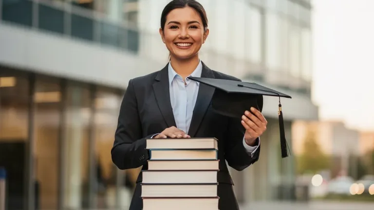 Professional holding graduation cap with office background, symbolizing tuition assistance benefits