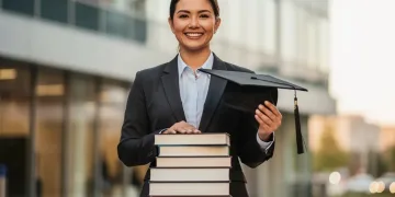 Professional holding graduation cap with office background, symbolizing tuition assistance benefits