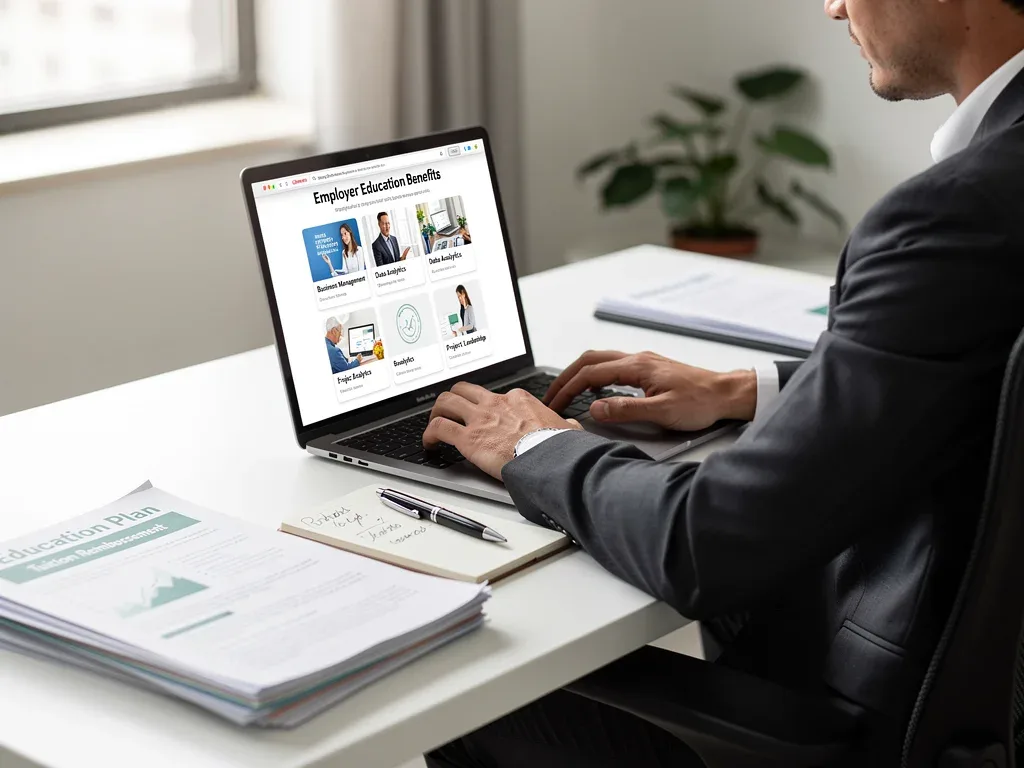 Person researching educational courses on laptop for employer tuition assistance